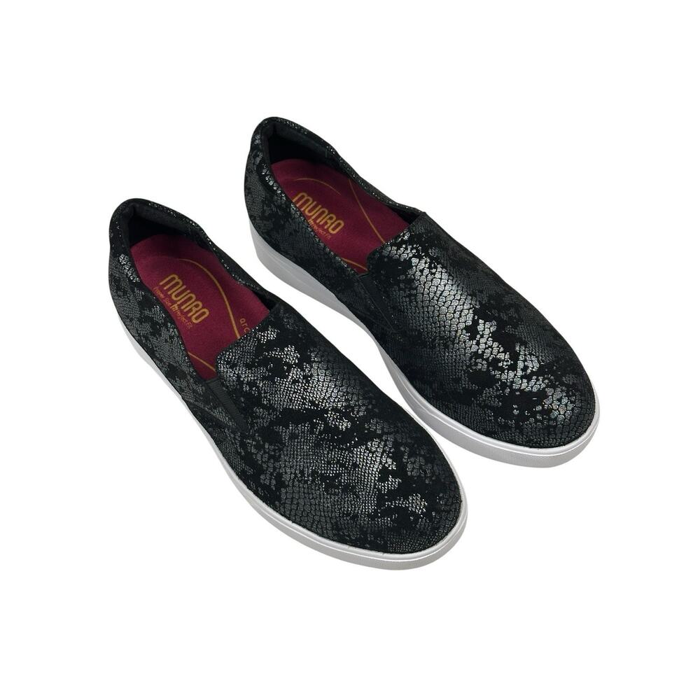 MUNRO LENNOX Black Silver Snake Print Slip-On Sneaker Womens 9W Wide New $195